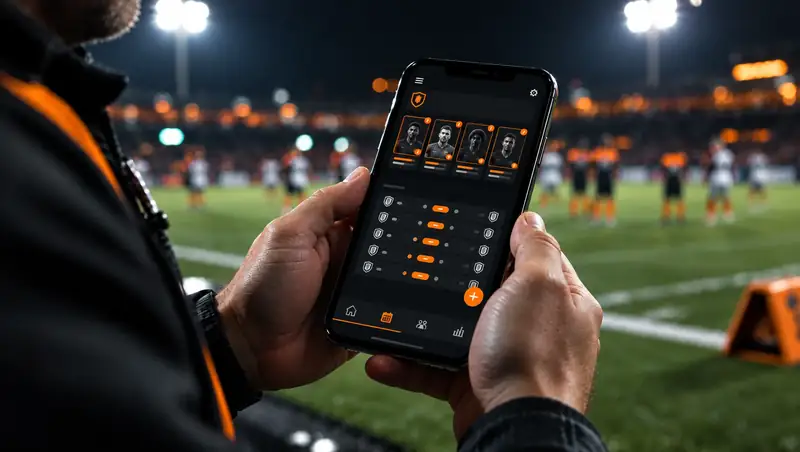 A coach on the sideline holding a phone with a league admin screen