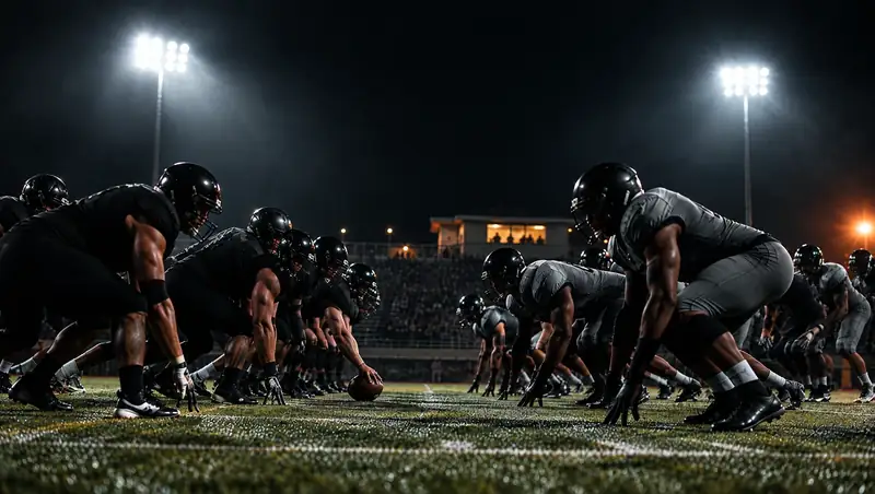 Semi-pro linemen set at the line under stadium lights