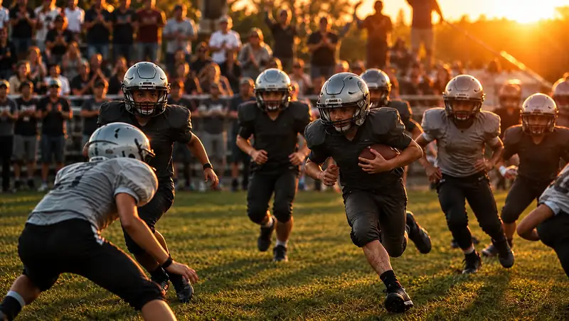 Youth football players running a play at sunset
